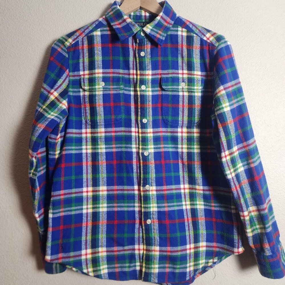 Polo Ralph Lauren Shirt Youth Large Blue Plaid Flannel Button Front Cotton